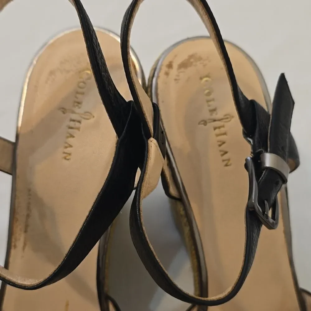 COLE HAAN ☆‎ Hart Criss Cross Wedge Espadrille Sandals Black Leather Size 10B